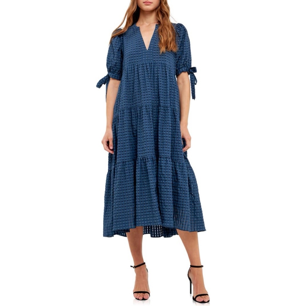 English Factory Turquoise Gingham Tiered Midi Dress Sz XS Cottage Dark Academia